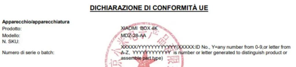 Xiaomi-Box-4K-2°-gen-dichiarazione-conformita-italia